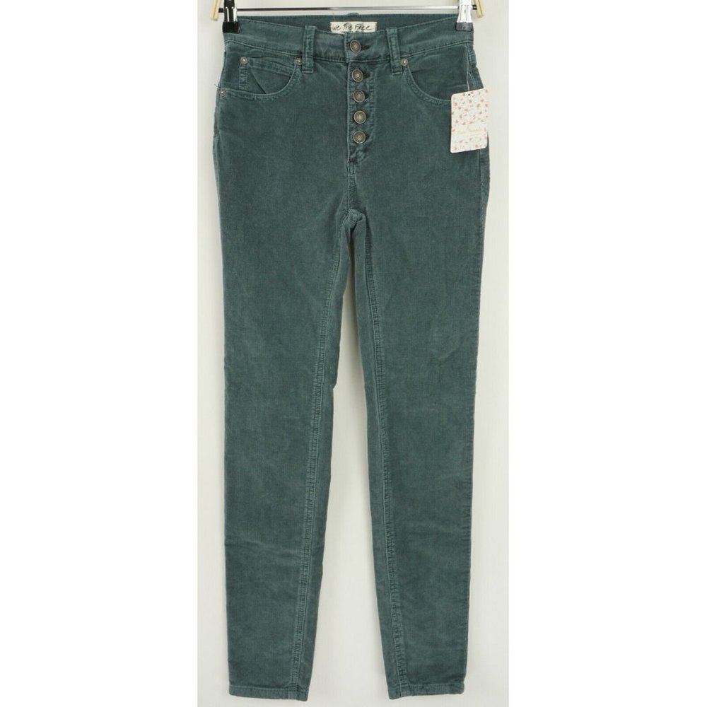 New Free People Morning Waves Women's 24 x 28 Teal Corduroy Button Fly Pants